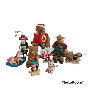Vintage Christmas Animals Ornaments and Stocking Hanger Bundle Nine Items Lot